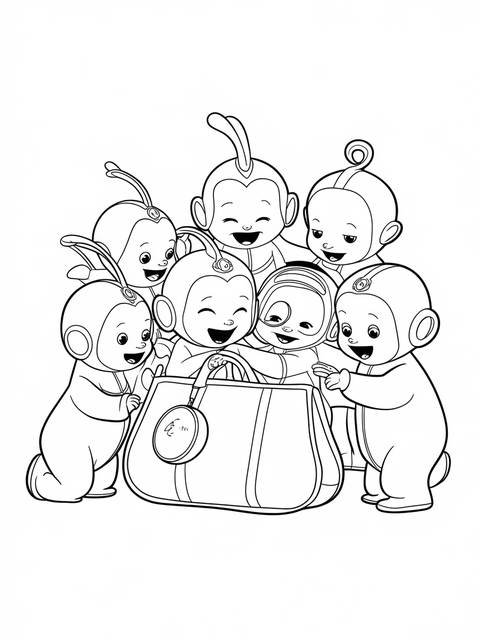 Teletubbies coloring page: all the teletubbies gathered around a bag, smiling