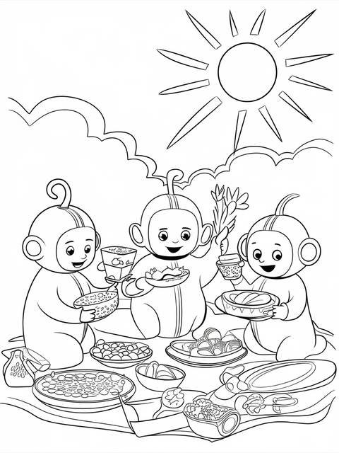 Coloring page depicting teletubbies enjoying a picnic under a sunny sky