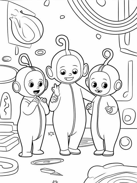 Coloring page featuring three teletubbies characters, ready for creative coloring fun