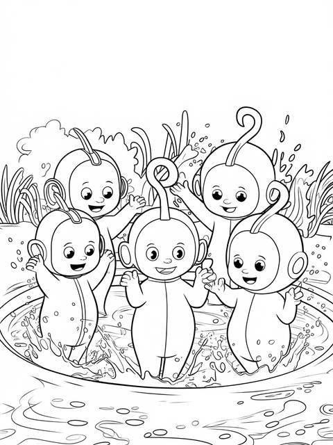 Teletubbies taking a bath together in a coloring page illustration, enjoying the water