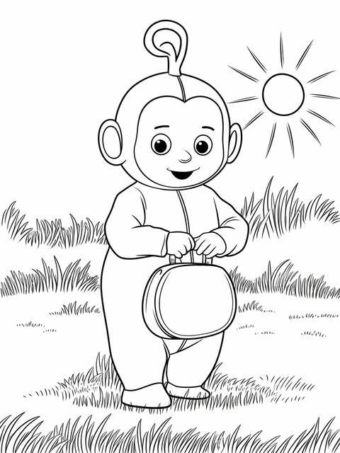 Line art coloring page of tinky winky from teletubbies, carrying a bag
