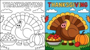 Thanksgiving coloring page featuring a cartoon turkey, pumpkin, and bowl of fruit