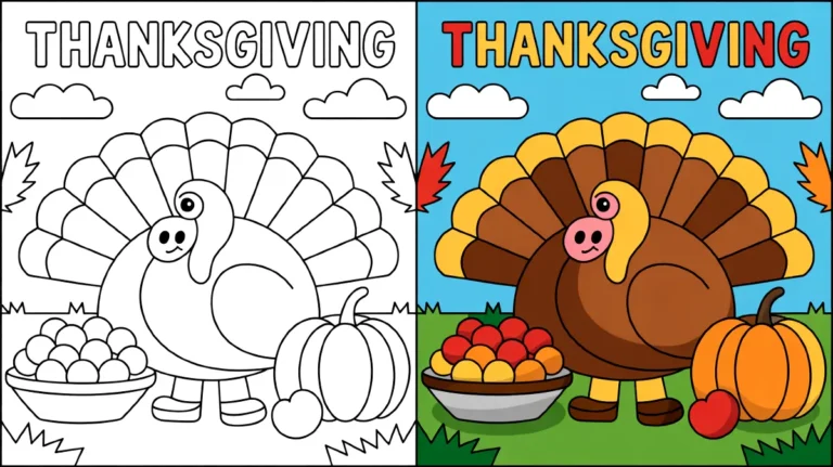 Thanksgiving coloring page featuring a cartoon turkey, pumpkin, and bowl of fruit