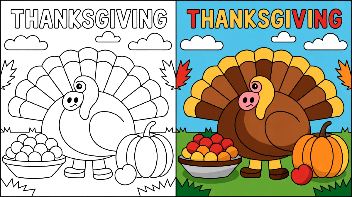 Thanksgiving coloring page featuring a cartoon turkey, pumpkin, and bowl of fruit