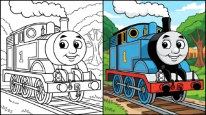 Thomas the tank engine coloring page, featuring the blue train with a smiling face