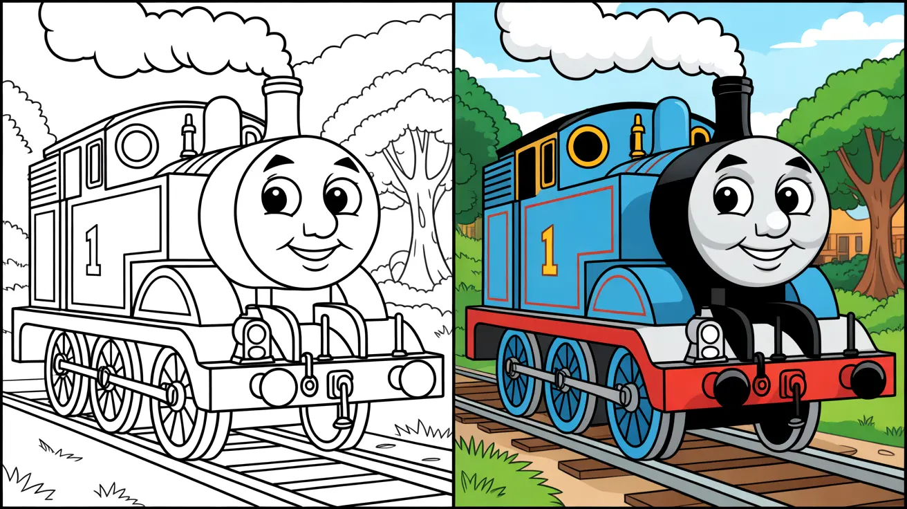 Thomas the tank engine coloring page, featuring the blue train with a smiling face