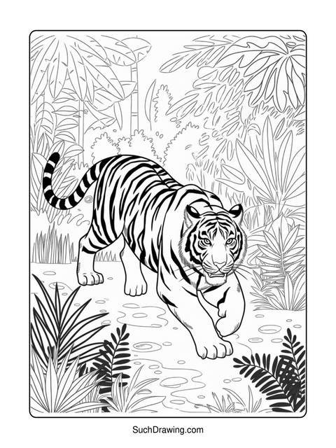 A black and white tiger walking through a jungle scene, ready to color