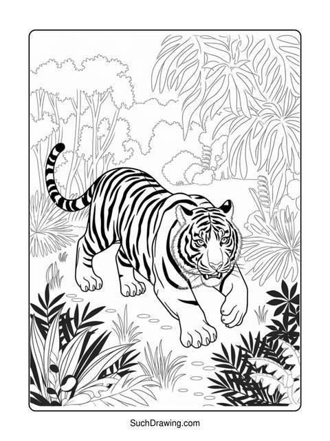 Line art of a tiger walking through a jungle environment