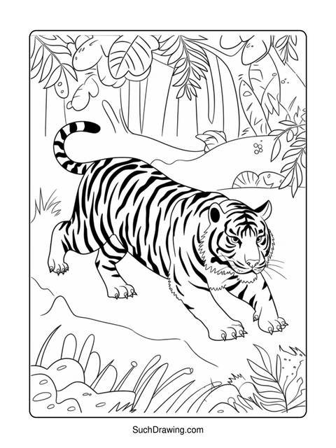 Black and white coloring page of a tiger walking in a jungle scene