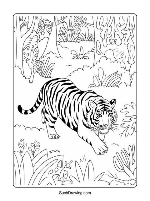 A black and white coloring page of a tiger walking through a forest