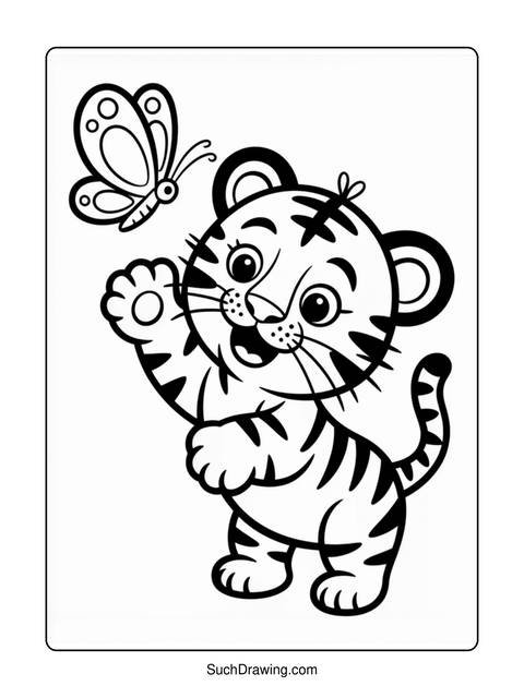 A cartoon tiger cub reaching for a butterfly in a coloring page