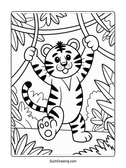 A cartoon tiger hanging from vines in a jungle coloring page
