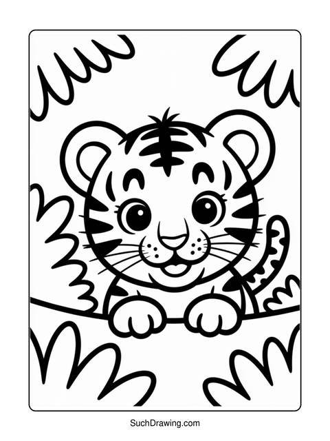 Black and white coloring page of a cute tiger cub with stripes