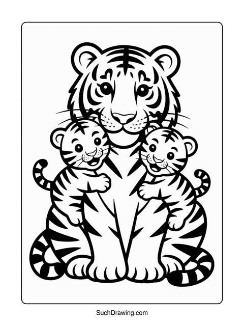 A coloring page of a tiger with two cubs, all with black stripes