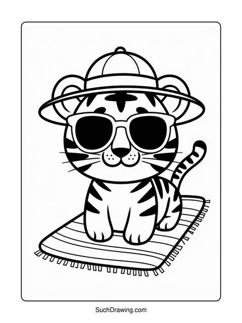 A cartoon tiger wearing sunglasses and a hat, sitting on a striped mat