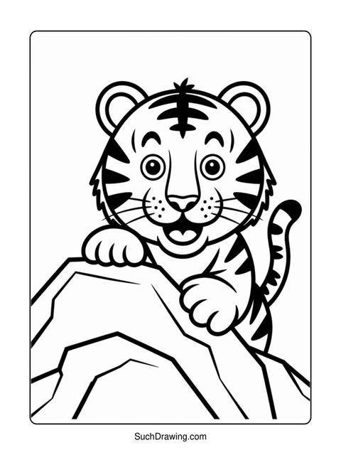 Black and white coloring page of a cute tiger cub smiling on a rock