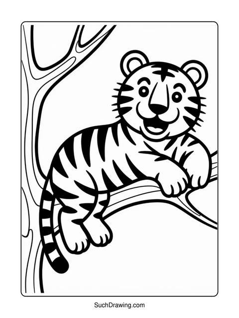 Black and white coloring page of a tiger cub perched on a tree branch
