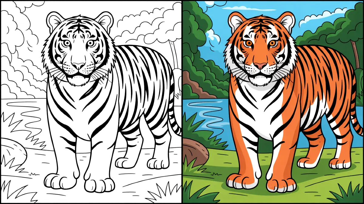 Tiger coloring page: a side-by-side comparison of colored and uncolored tiger