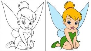 Tinker bell coloring page, featuring a two-panel design, one colored, one black and white