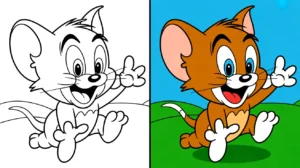 Tom and jerry coloring page showing jerry mouse in black and white and color