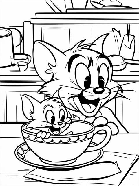 Tom and jerry's jerry cleverly hiding inside a teacup, from the cover art