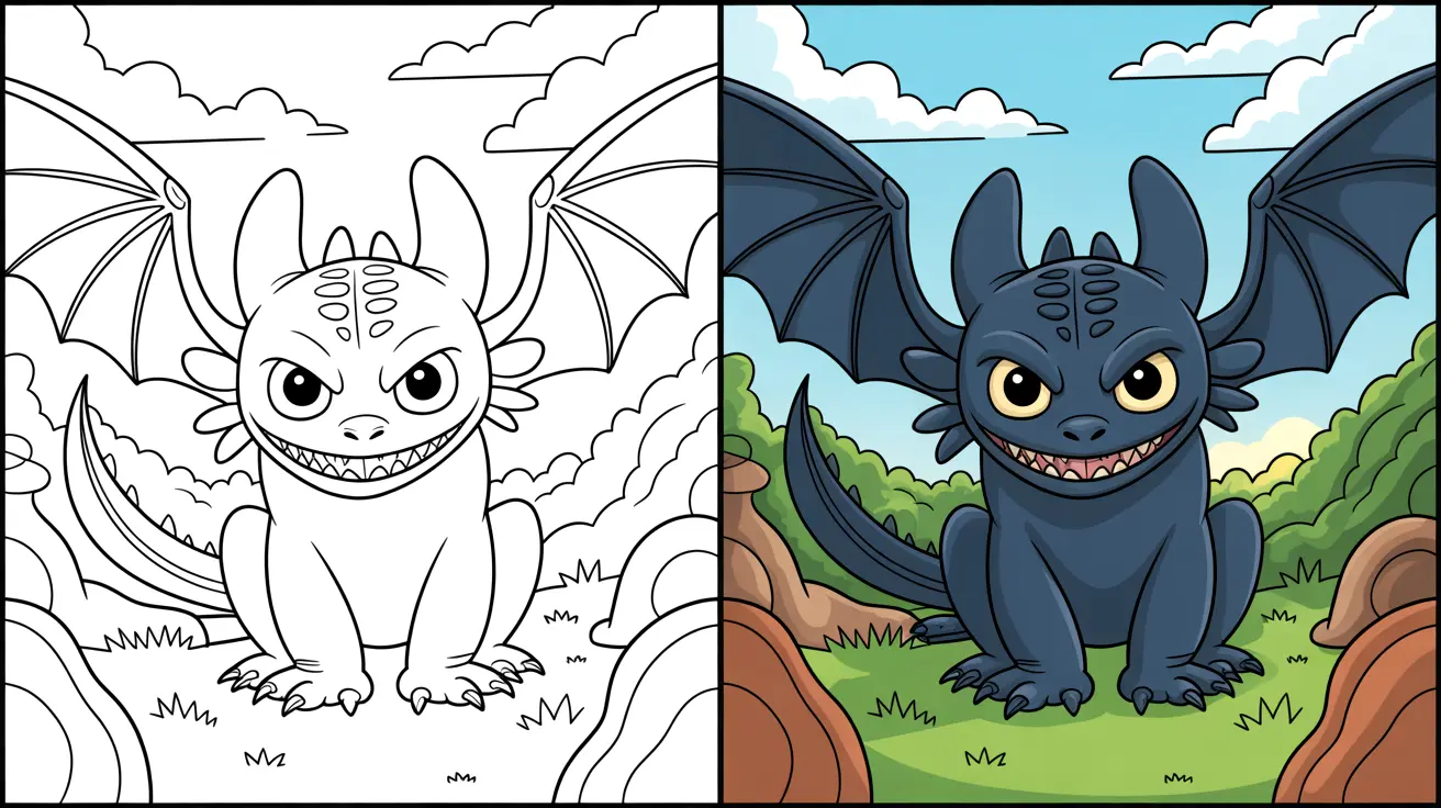 Toothless coloring page: a two-panel image of the dragon, one colored