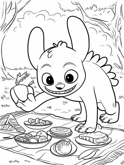 Toothless, being mischievous, reaches for an apple on a picnic-style coloring page