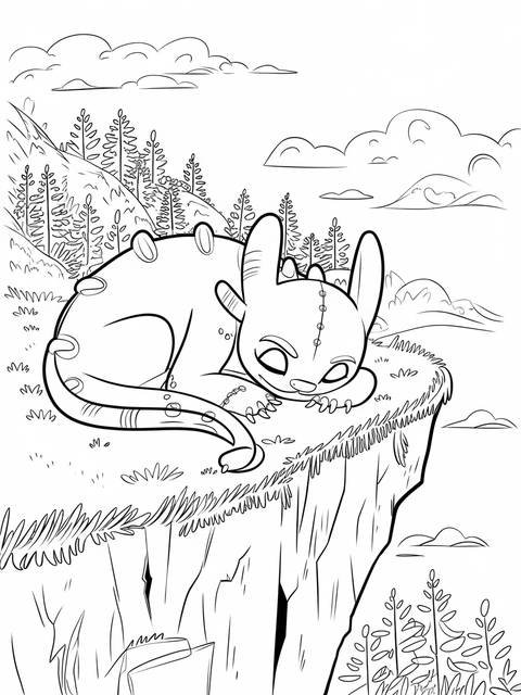 Toothless the dragon curled up and sleeping on a cliff, ready for coloring