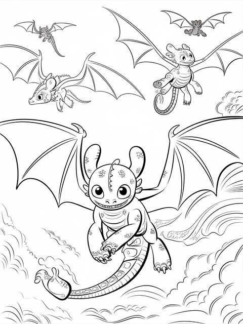 Toothless and other dragons soaring in a coloring page, ready for color