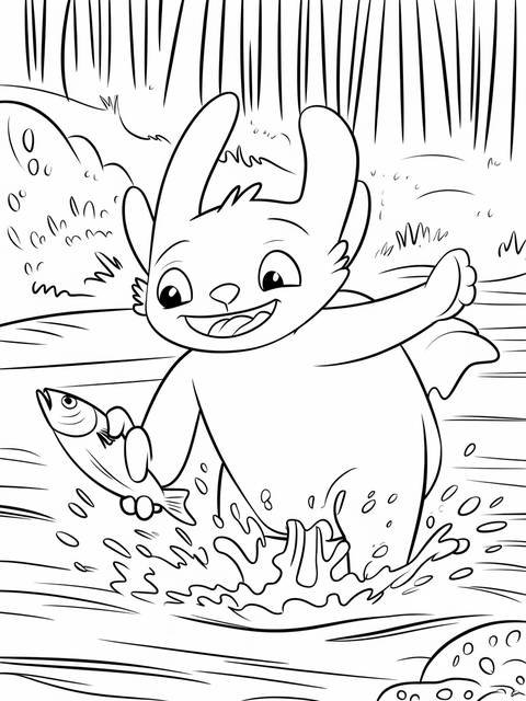 Toothless-like character, catching fish in a river, action-packed coloring page