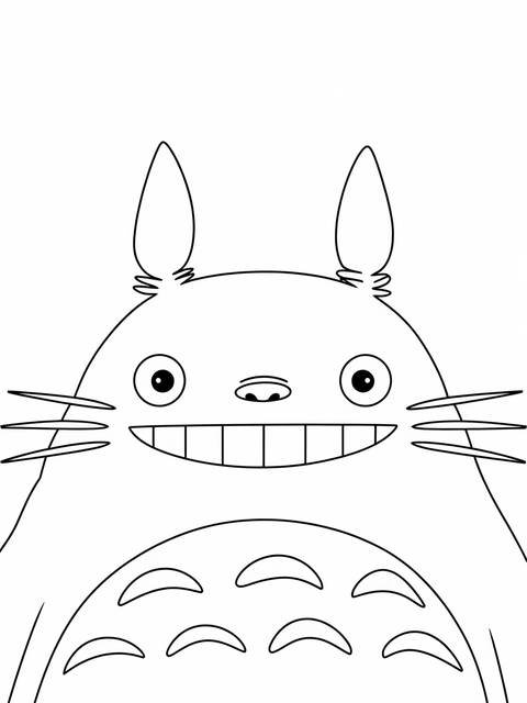 Close-up coloring page of totoro's face, featuring his iconic smile and whiskers
