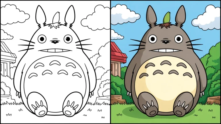 Two-panel image of totoro: a coloring page next to a colored illustration