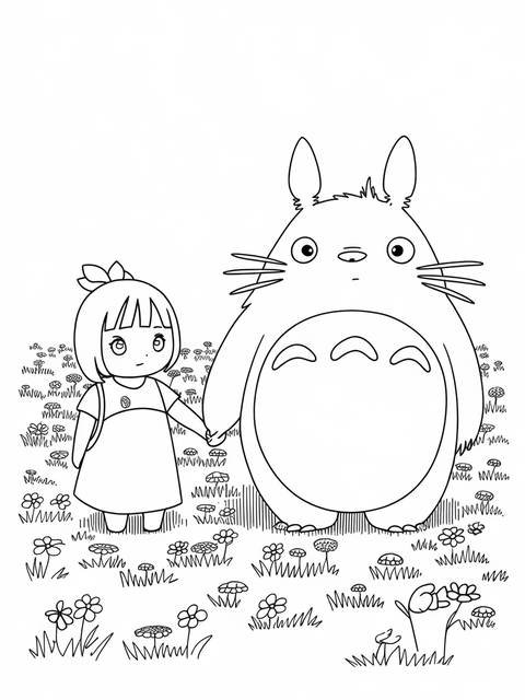 Mei and totoro from the cover, holding hands in a field of flowers
