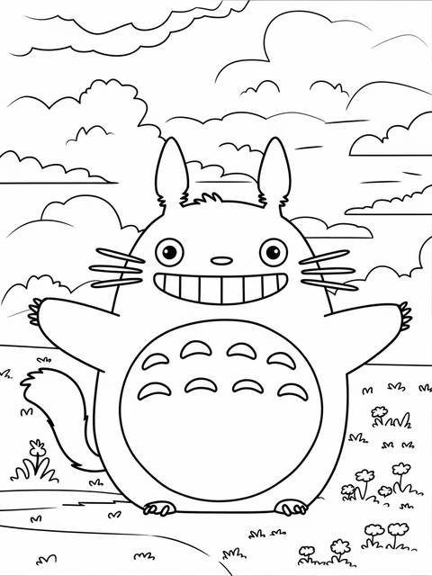 Coloring page of totoro with a silly face, ready for coloring