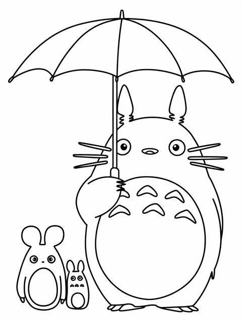 Line art of totoro holding an umbrella with two smaller creatures