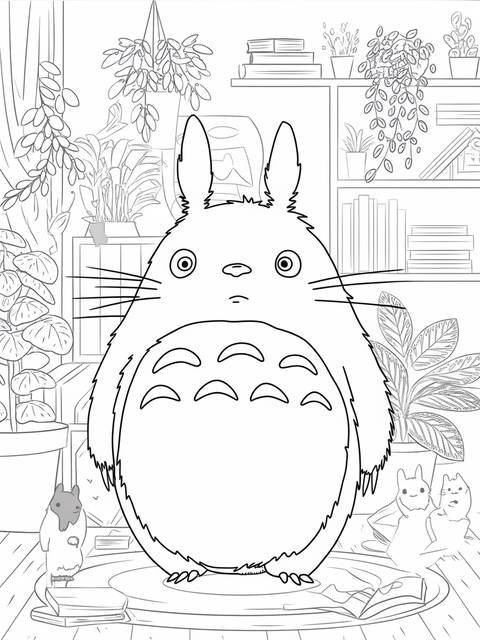 Line art of totoro with soot sprites, surrounded by plants and books