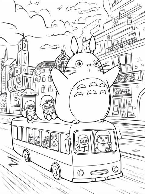 Totoro and two girls riding a bus in a city scene, a coloring page