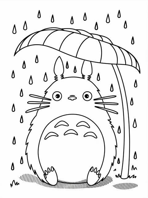 Line art coloring page of totoro sitting under a leaf umbrella in the rain