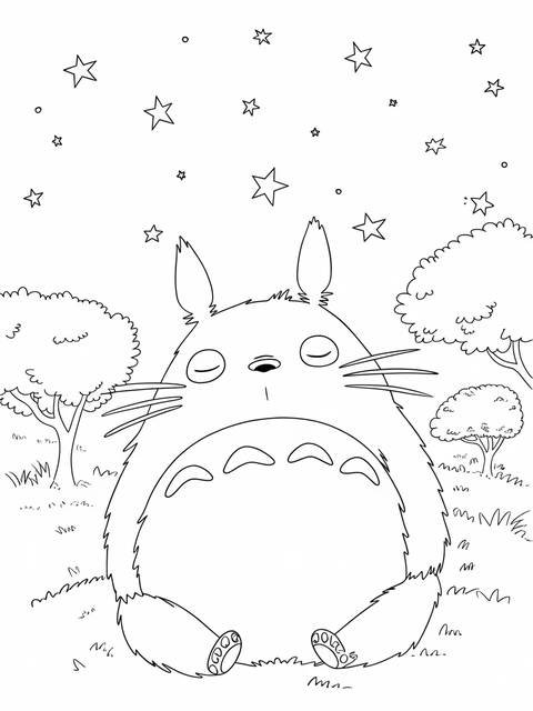 Coloring page of totoro sleeping peacefully under stars, surrounded by trees