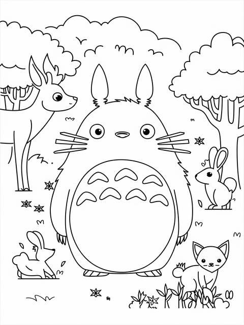 Totoro surrounded by forest animals, a coloring page illustration of the anime