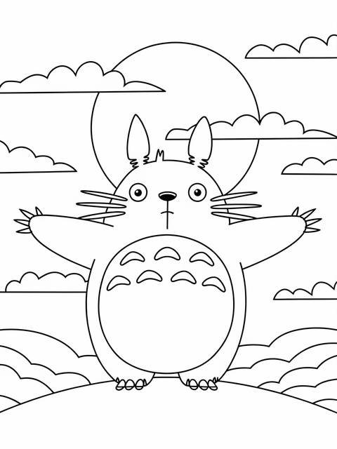 Line art of totoro with arms wide open, set against a cloudy sky