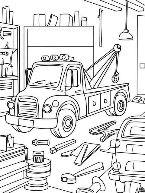 Cartoon tow truck working in a garage, ready for action in wkho78faqn2zv