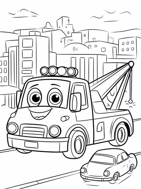 Friendly tow truck with big eyes and a car, ready to help