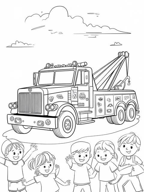 Line drawing of a tow truck, with children waving in front of it