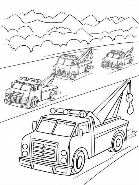Line art of multiple tow trucks, possibly competing, on a road with mountains