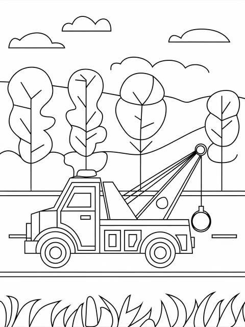 Line art of a tow truck on a highway, ready for action