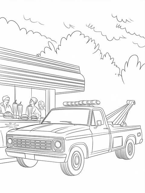 Line art of a tow truck parked near a diner, from a coloring page