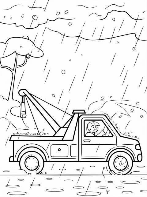 Tow truck rescuing a stranded vehicle in the rain, a coloring page