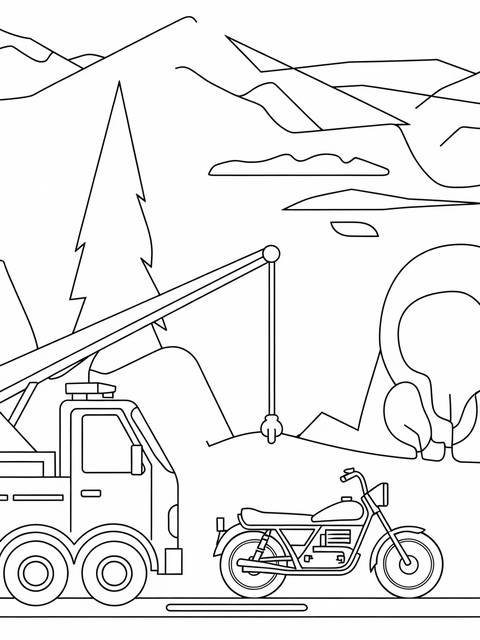 Line drawing of a tow truck with its boom, and a motorcycle in a landscape