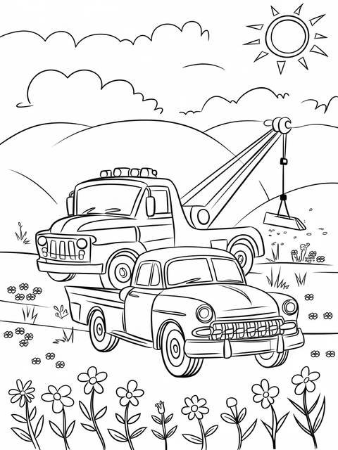 Whimsical tow truck lifting a classic car, a coloring page illustration